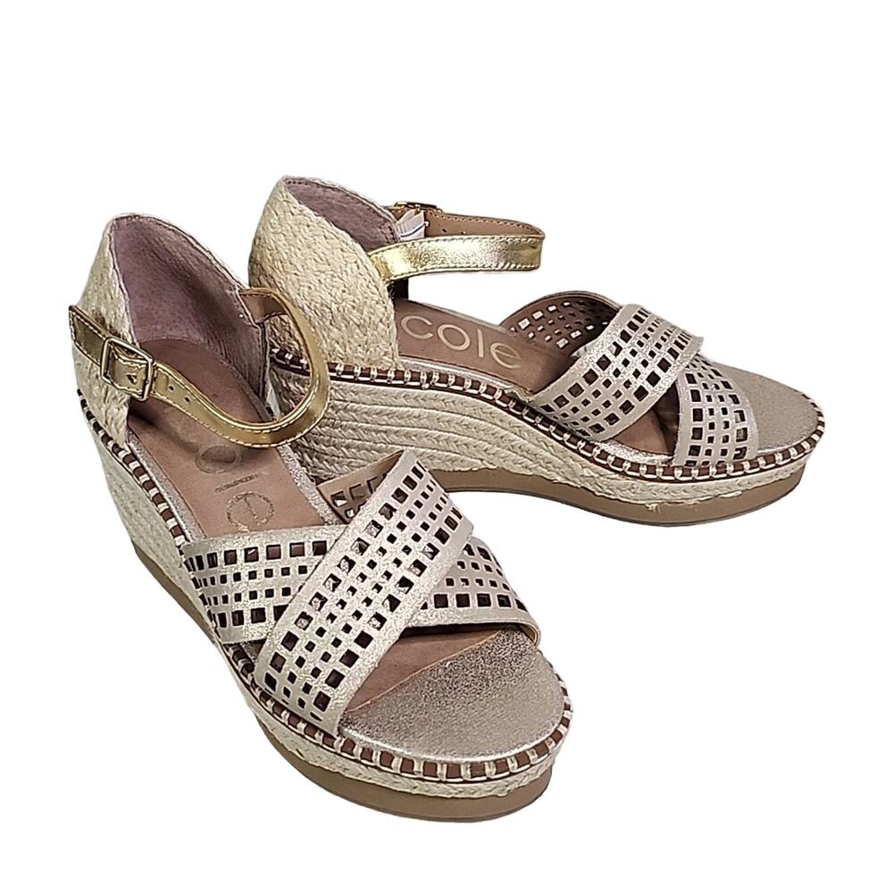 Nicole Jozana Espadrille Wedge Sandal Mid Taupe Gold Leather Womens Size 6.5 NEW